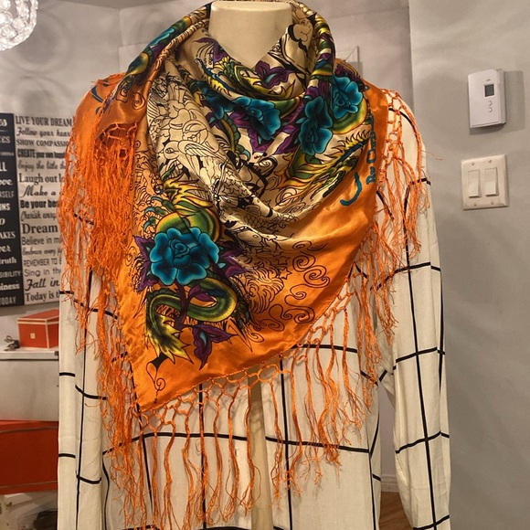 Y2K Ed Hardy by Christian Audigier - beautiful Silk floral Print Scarf - Picture 3 of 13